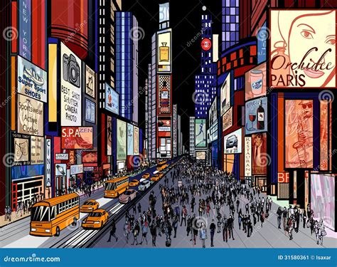 New York Night View Of Times Square Stock Vector Illustration Of