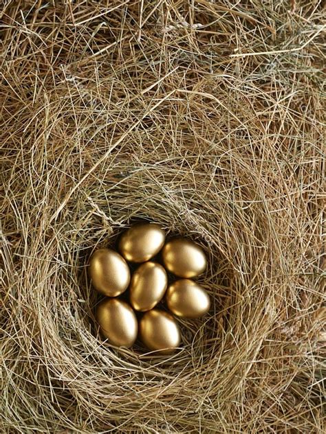 Four Golden Eggs In A Nest Made Out Of Straw On Top Of Hay Bales