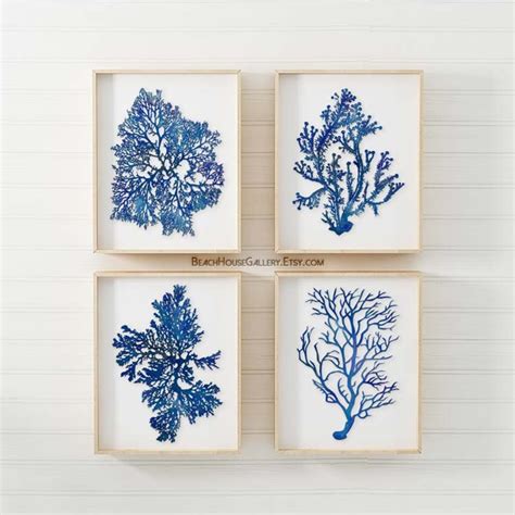 Indigo Blue Coral Prints Blue Sea Coral Print Set Of Four Etsy