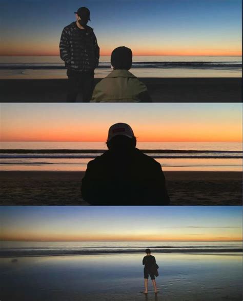 Four Different Shots Of People Standing On The Beach At Sunset Or Dawn