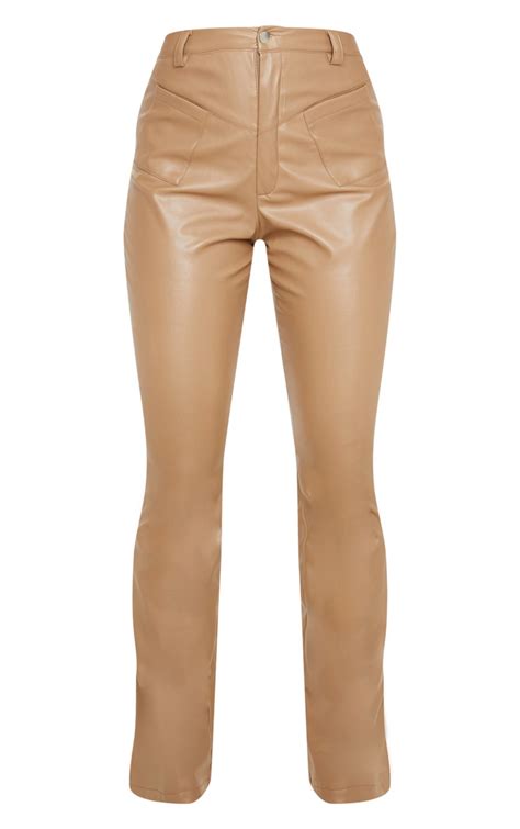 Camel Faux Leather Pocket Detail Straight Trouser Prettylittlething Aus