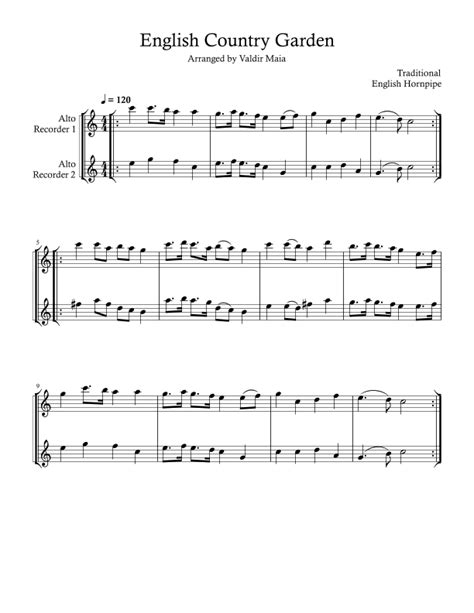 English Country Garden Alto Recorder Duo Arr Valdir Maia By