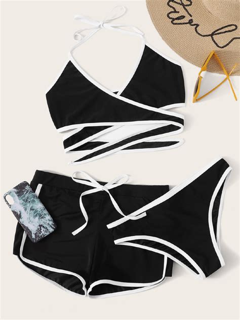 Shein Swim Sprty Ringer Bikini Set Contrast Binding Halter Bra Swim