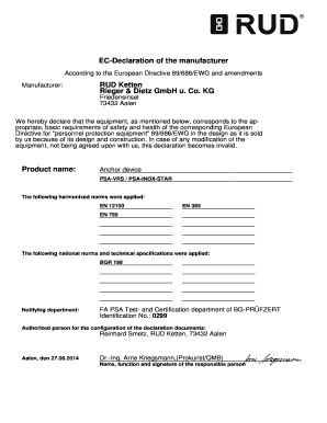 Fillable Online EC Declaration Of The Manufacturer Manufacturer Fax