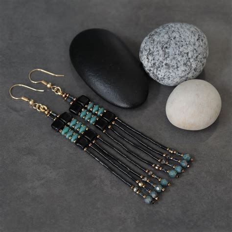 Tile Beaded Earrings Black Tiles Superduo Turquoise Bronze 24k Gold