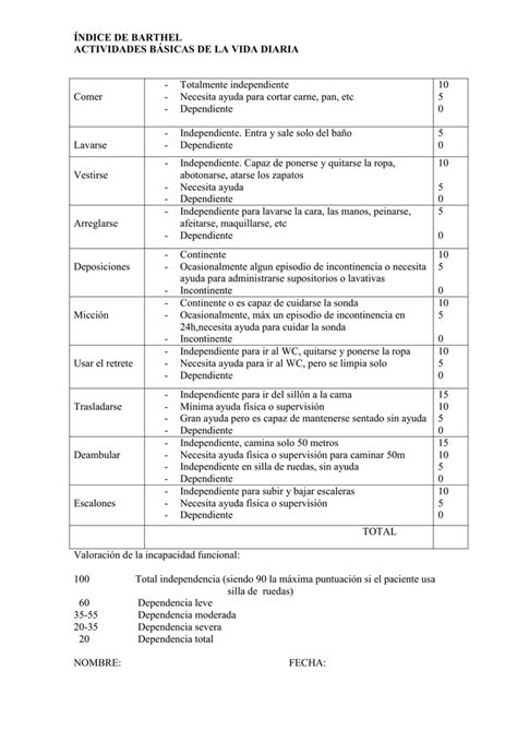 Ndice De Barthel Actividades B Sicas De La Vida Diaria