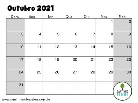 calendario de outubro 2021 Atividades para a Educação Infantil