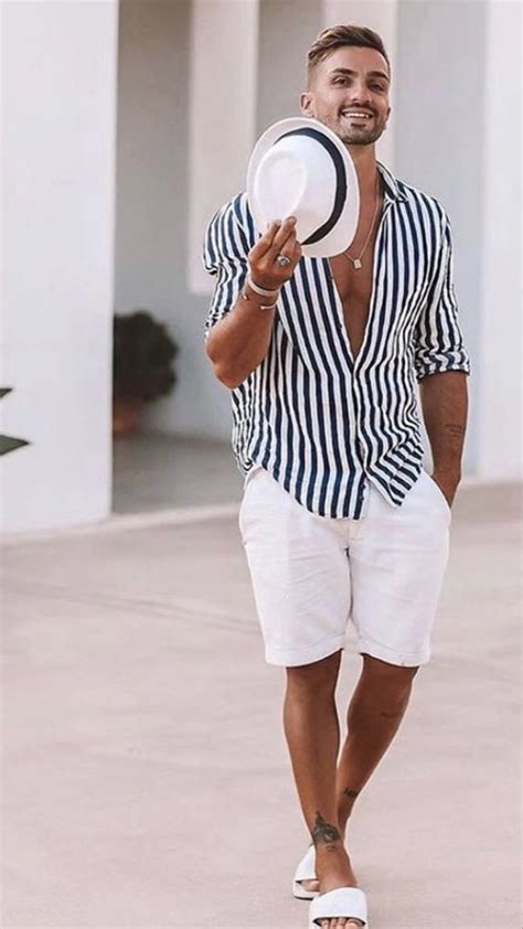 Shirt Beach Outfit Trends With White Swim Short Beach Outfits For Men Striped Shirt Mens