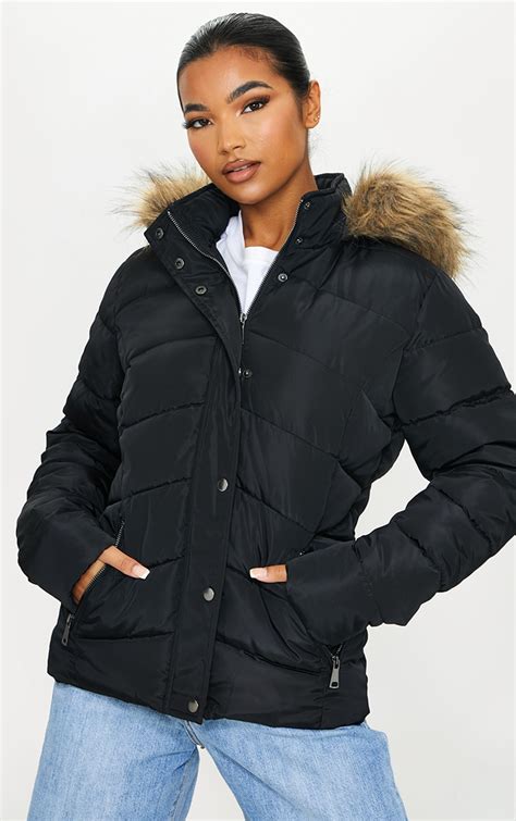 Black Quilted Mara Faux Fur Hooded Puffer Jacket Prettylittlething Ksa