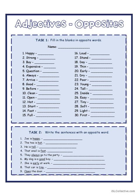 Adjectives Opposites English Esl Worksheets Pdf Doc