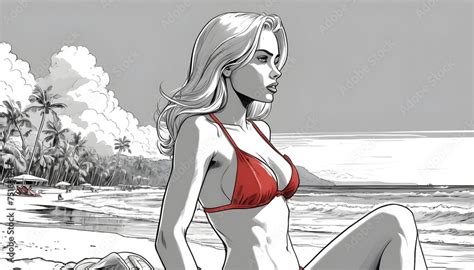 Blond Model Girl In Bikini On A Beach Black And White Comic With Red Bikini Detail Stock