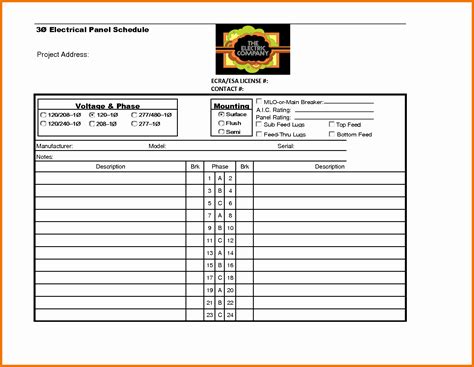 Electrical Panel Schedule Template Excel