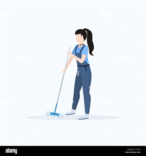 Female Janitor In Uniform Mopping Floor Woman Cleaner Holding Mop Cleaning Service Concept Full