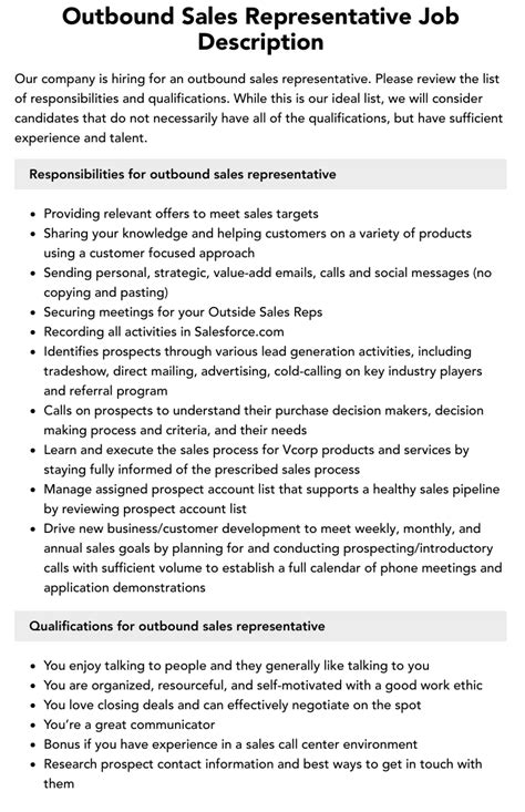 Outbound Sales Representative Job Description Velvet Jobs