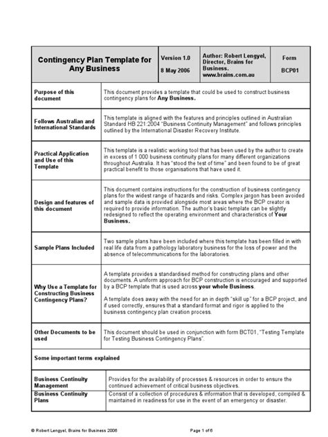 Sample Contingency Plan Template Business Continuity Business