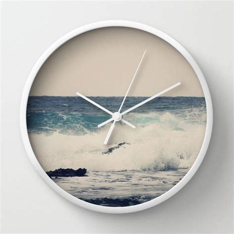 Art Wall Clock Ocean Blue Modern Photography Home Decor Grey Gray Tan