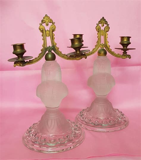 Pair Of Egyptian Bust In Pressed Glass Forming Candelabra