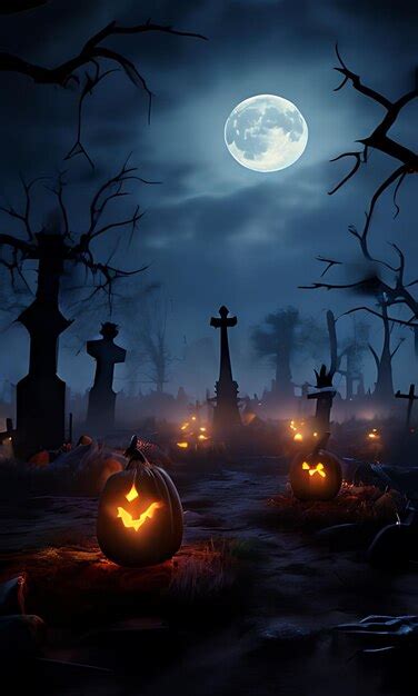 A Spooky Graveyard With A Full Moon In The Background Premium AI