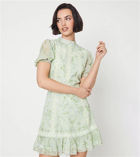 Buy Oasis Floral Dobby Chiffon Lace Trim Mini Dress In Green