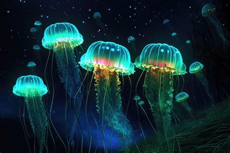 Premium AI Image | Bioluminescent comb jellies creating a light show ...