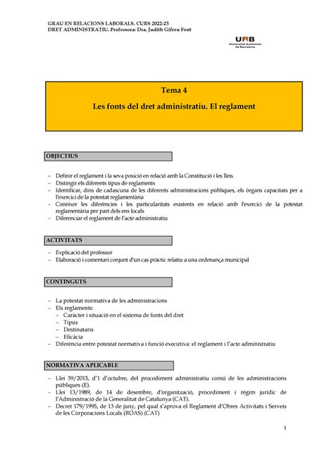 Tema 4 Fonts I Reglament DRET ADMINISTRATIU Professora Dra Judith