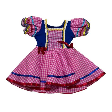 Vestido Junino Xadrez Rosa E Branco Azul Renda M Babylooks