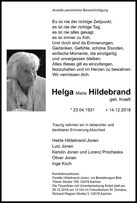 Traueranzeigen Von Helga Maria Hildebrand Trauer In Nrw De