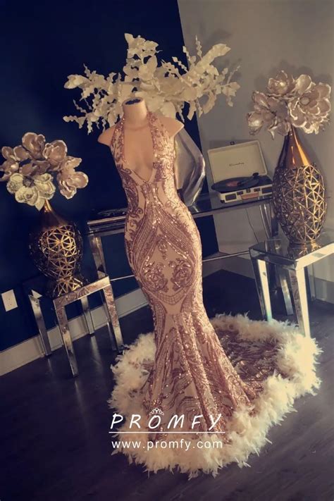 Gold Sequin Feather Long Train Mermaid Prom Dress Promfy