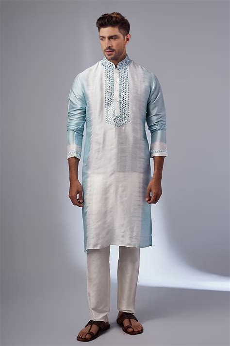 Buy SAMMOHAN CEREMONIAL Blue Tussar Mirror Embroidered Straight Kurta