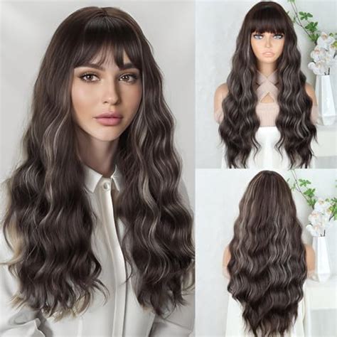 Merisihair Long Brown Wavy Wigs With Bangs For Women