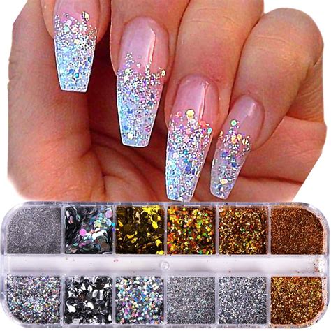 Case Nail Glitter Powder Dust Iridescent Flakies Sequins Gold Silver