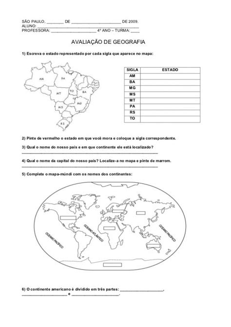 Ideias criativas de avaliações de geografia para o 4 ano