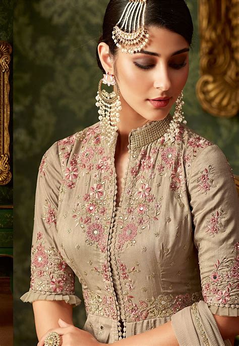Beige Banarasi Silk Embroidered Long Anarkali Suit 7103
