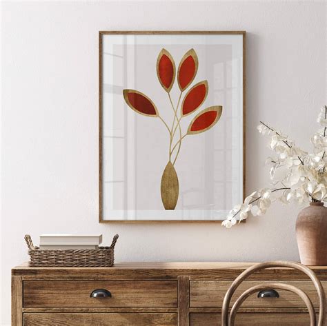 Poster Kubistika Five Abstract Leaves Rood Goud Wall Art Nl