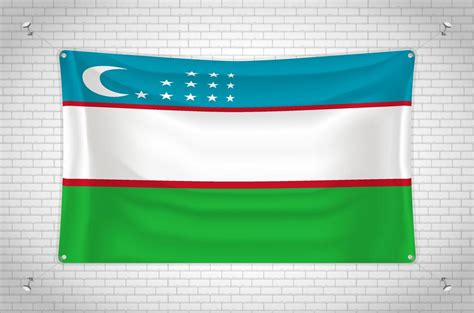 Uzbekistan Flag Hanging On Brick Wall 3d Drawing Flag Attached To The