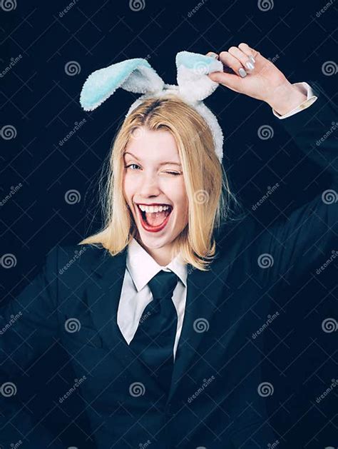 Pretty Bunny Girl Winking And Tongue Out Happy Woman In Bunny Ears