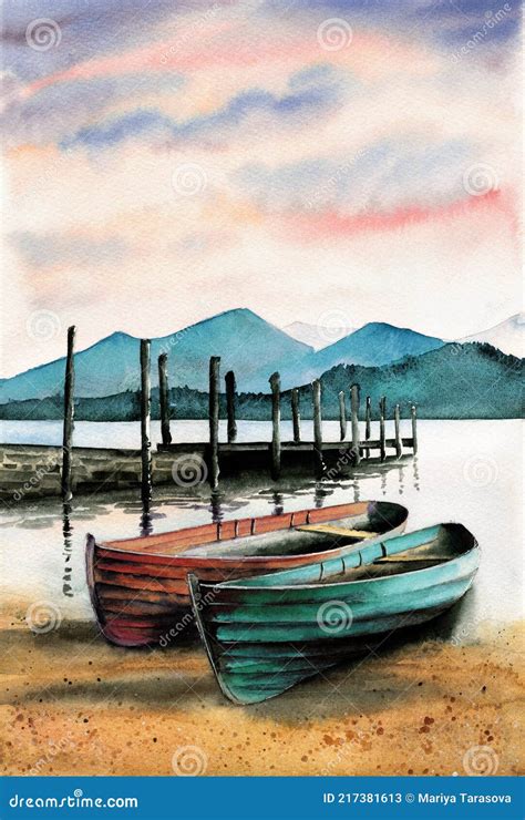 Watercolor Illustration Of Two Wooden Fishing Boats Near A Pier Stock