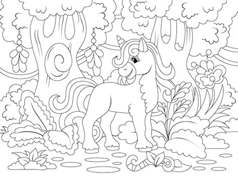 Unicornio alegre en el bosque mágico vector ilustración niños libro