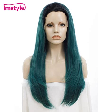 Imstyle Synthetic Lace Front Wig Dark Root Green Color Wigs Straight