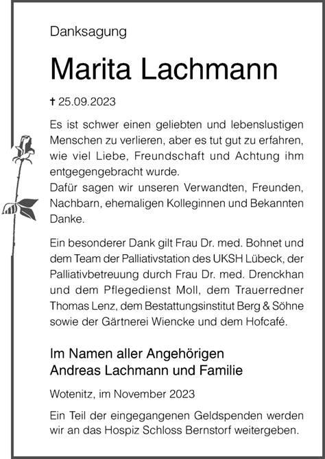 Traueranzeigen Von Marita Lachmann Trauer Anzeigen De