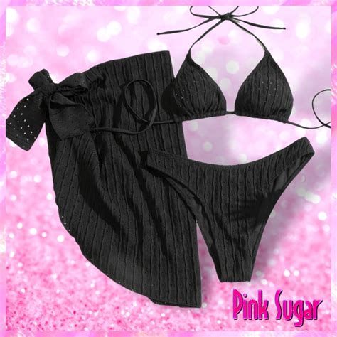 Ella 3pc Textured Bikini With Sarong Black Pink Sugar Bikini