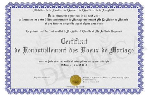 Certificat De Renouvellement Des Voeux De Mariage