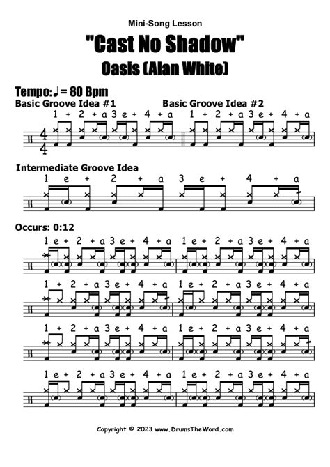 Drum Sheet Music Teaching The Main Beats And Fills From Cast No Shadow By Oasis Get The Full