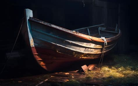 Premium Ai Image A Boat In A Dark Room With The Sun Shining On The