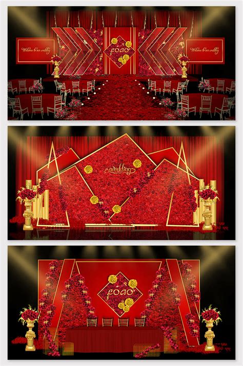 European Style Red Gold Luxury Wedding Stage Renderings Psd Decors