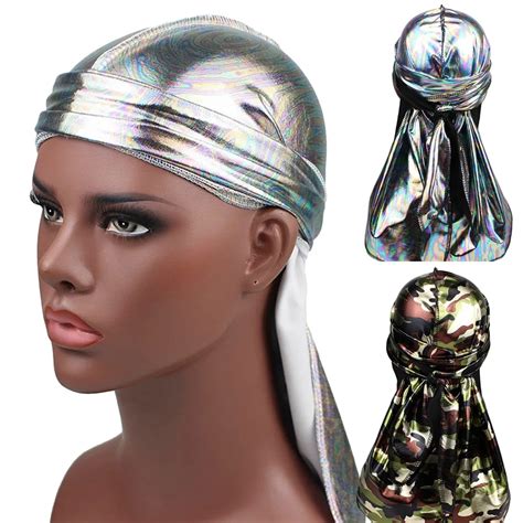 Colorful Sparkly Durags Hat Silky Satin Camouflage Turban Bandanas Cap