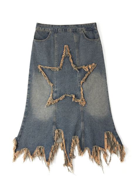 Emmiol Free Shipping 2023 Star Patch Distressed Denim Maxi Skirt Blue L