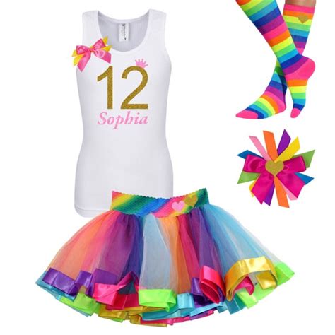 12th Birthday Girl Shirt White Gold Rainbow Tutu Hair bow Party Tween ...