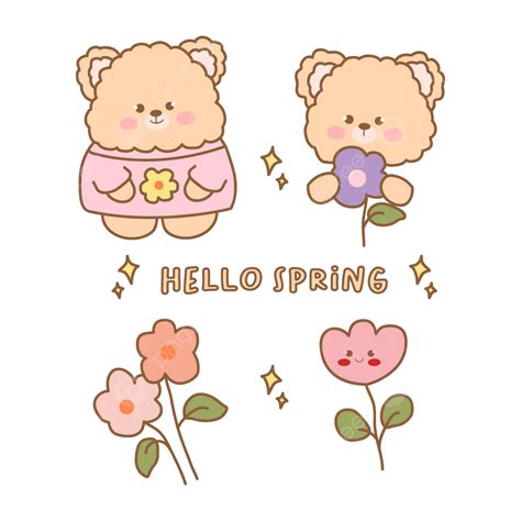 Spring Korean Bear Cute Sticker Vector Spring Korean Bear Sticker