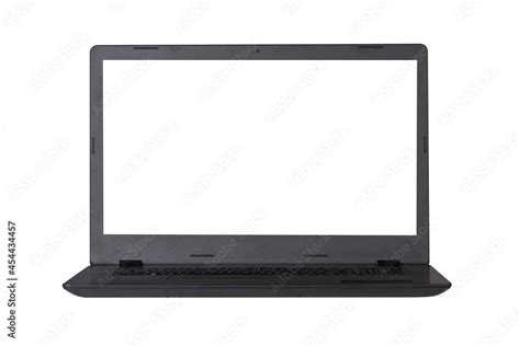 Modern black laptop with blank white screen isolated on white ...